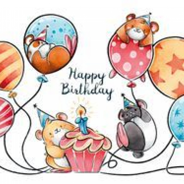 Ansichtkaart Happy Birthday met taart en ballonnen. 